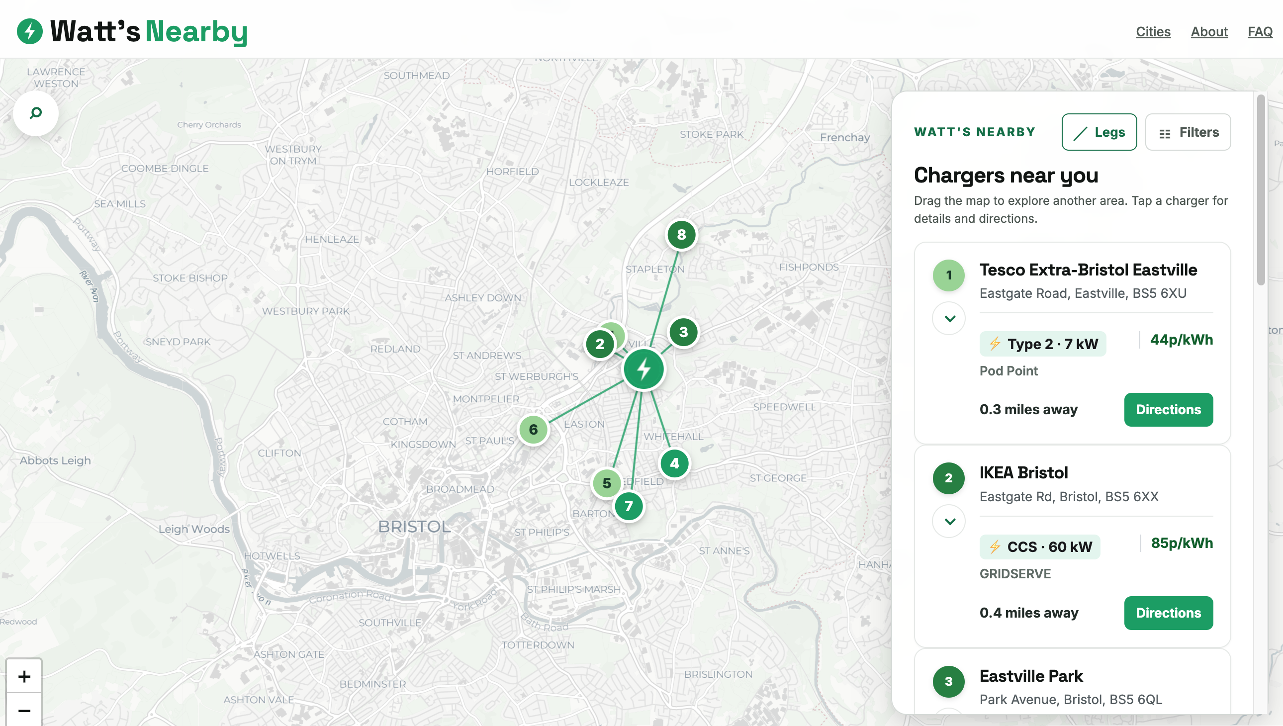 Watt’s Nearby map showing nearby EV charging points