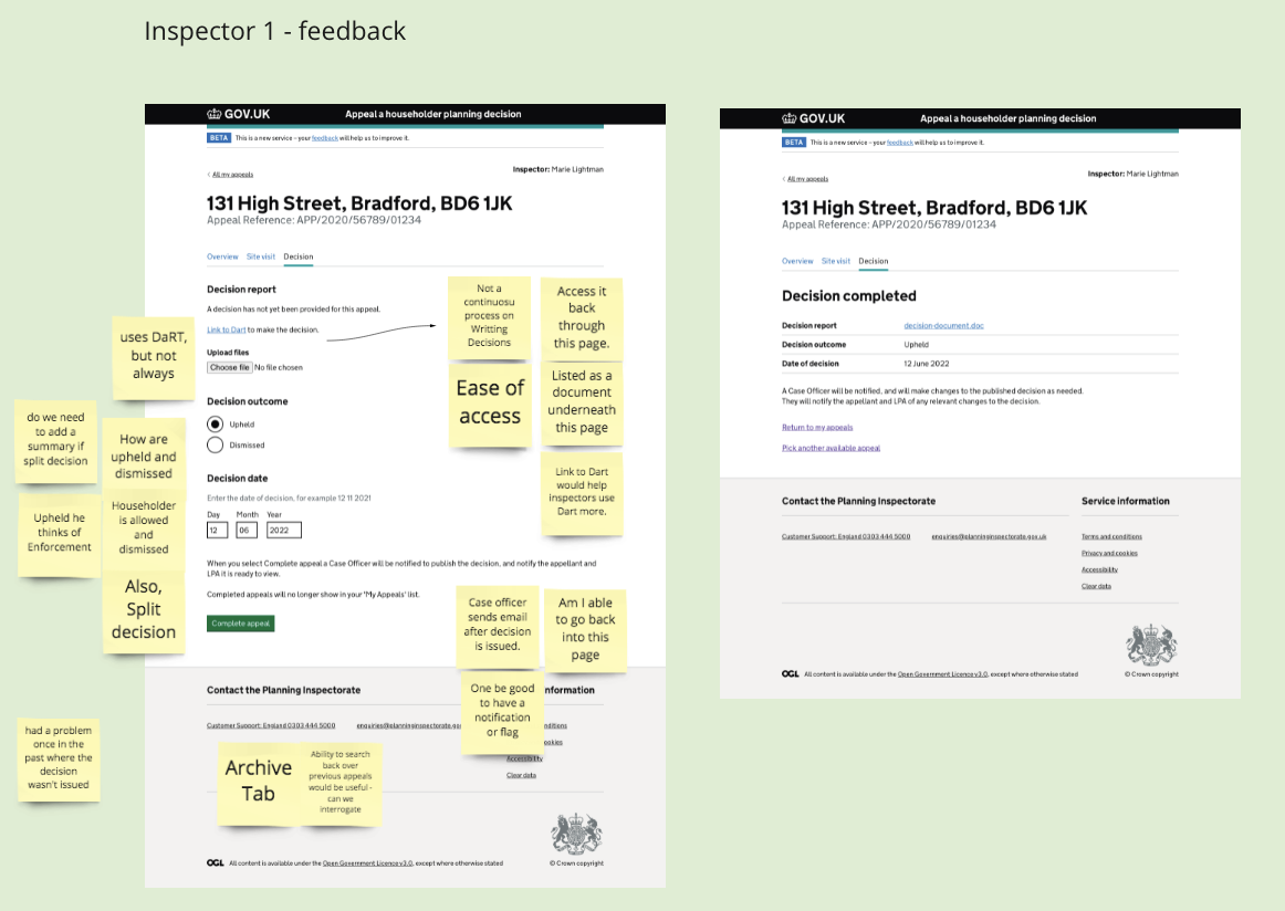 planning inspectorate feedback recorded on the web page designs